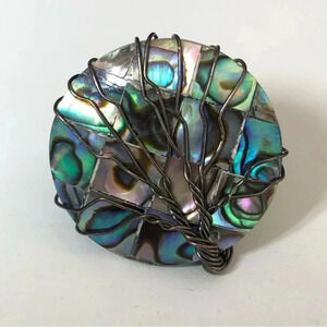 Handmade Abalone Round Circle Brass Tone Adjustable Free Size Tree of Life Ring